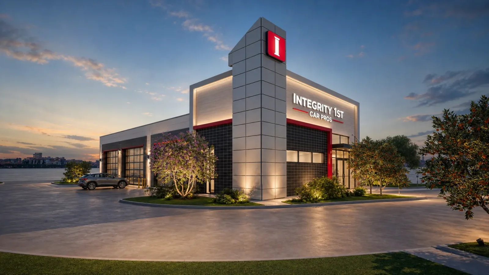 Architectural rendering of the completed Integrity 1st Car Pros facility in Anna, Texas at dusk: a lit signage tower carrying the Integrity 1st mark, a glazed showroom entrance and glass overhead service-bay doors along the side elevation.